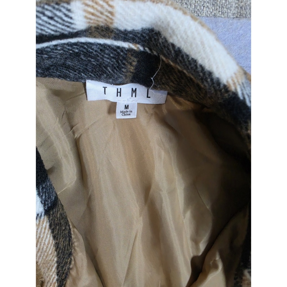 THML Jacket Womens Sz M Brown Plaid Flannel Shirt Shacket Button Lined Wool Blnd - Picture 5 of 10